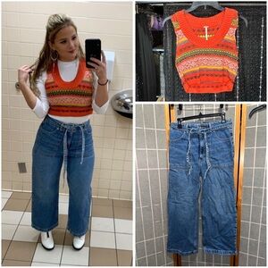 Free People Orange Knit Sweater Top and Retro Blue Wide-Leg Cropped Jeans